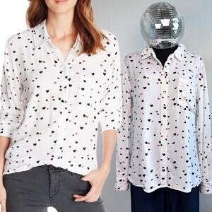 RAILS Rosci Heart Print Button Up Shirt Size Small, Valentine's Day white blouse